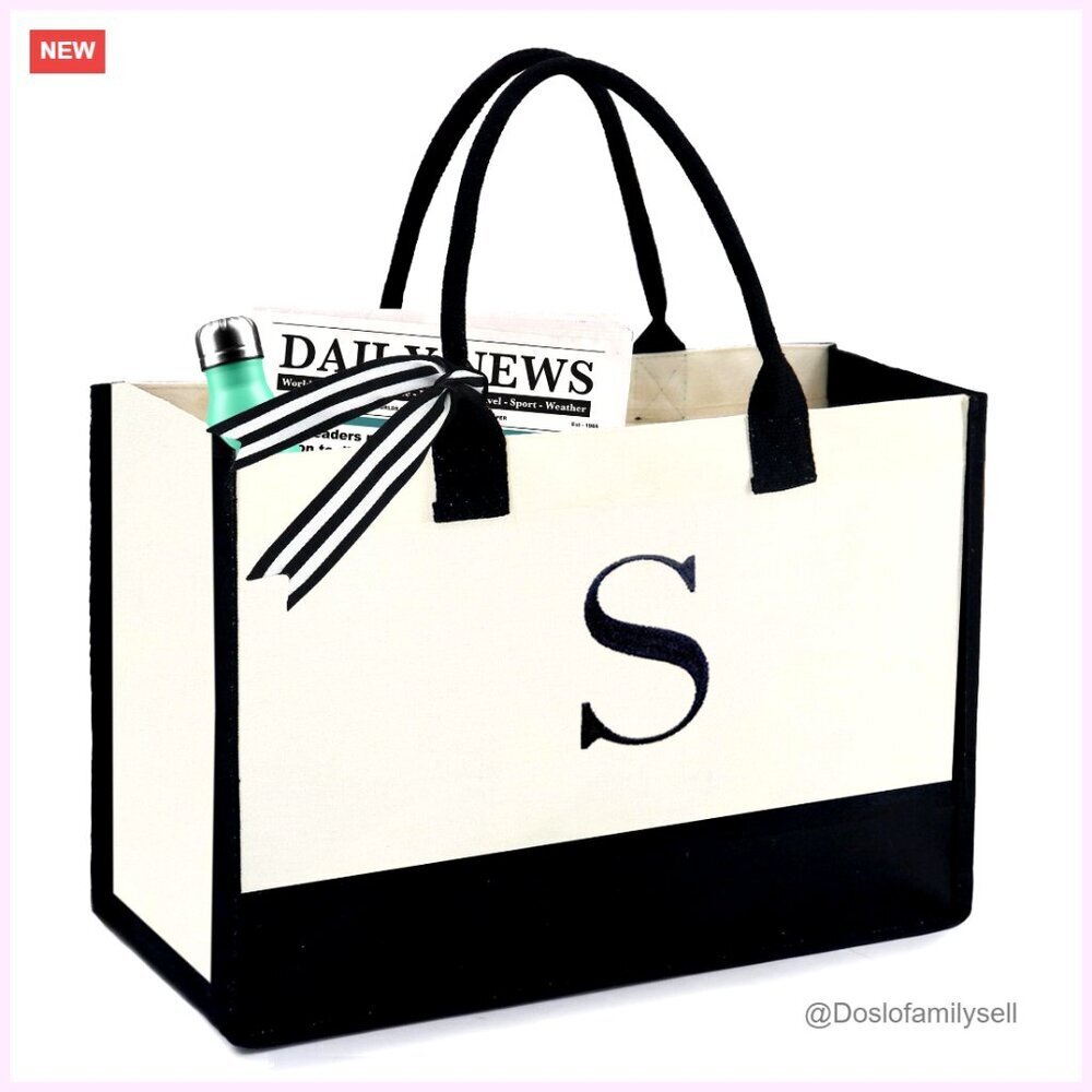 Large Canvas Tote Bag with Monogram Embroidery, Zipper & Removable Bottom